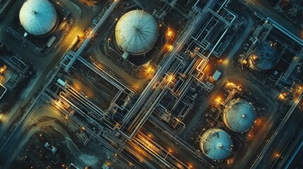Poster - Aerial view of an oil and gas depot industrial facility, showcasing storage tanks for crude oil and petrochemical products in a busy terminal setting.