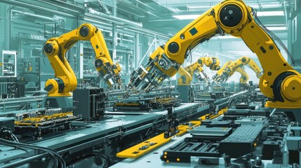 Poster - An advanced PCB assembly line, with robotic arms and automated machinery performing precise component installation and quality checks in an electronics factory.