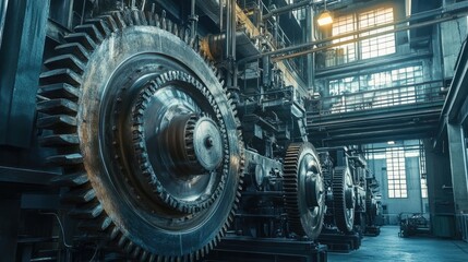 Poster - An industrial mill with large gears and machinery working together in a factory setting, representing the power and scale of industrial manufacturing.