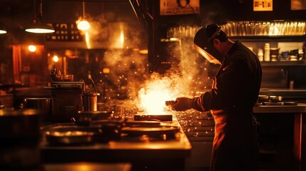 Aufkleber - An industrial worker performing welding with an arc welder, sparks flying in a dimly lit workshop, emphasizing the precision of the process.
