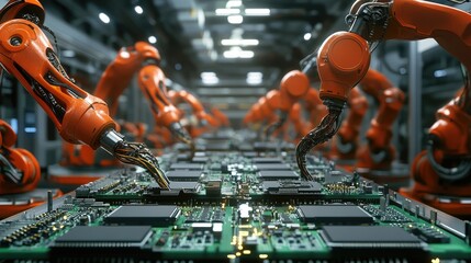 Aufkleber - Automated PCB assembly line in an electronics factory, with high-precision robot arms assembling circuit boards for quality control in the production process.