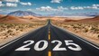 © Pink Zebra - A deserted highway with the numbers 2025 on the asphalt under a clear sky, a symbol of the new year, new opportunities and the beginning of the path to goals and changes