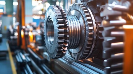 Poster - Close-up of industrial factory equipment, showcasing heavy machinery, conveyor belts, and precision tools in a manufacturing setting.