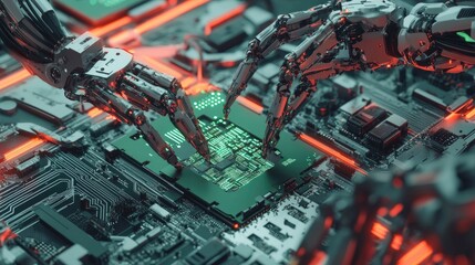 Poster - High-tech robotic arms assembling circuit boards on a fully automated PCB assembly line, ensuring quality control and precision in electronic device manufacturing.