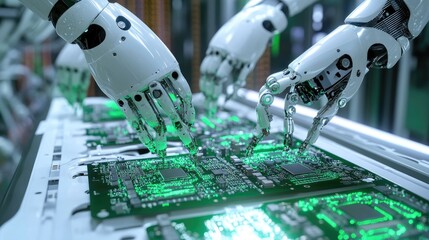 Poster - High-tech robotic arms assembling circuit boards on a fully automated PCB assembly line, ensuring quality control and precision in electronic device manufacturing.