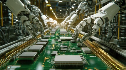 Poster - High-tech robotic arms assembling circuit boards on a fully automated PCB assembly line, ensuring quality control and precision in electronic device manufacturing.