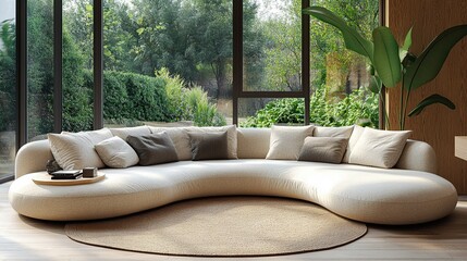 Wall Mural - Modern curved sofa in a sunlit living room overlooking a lush garden.