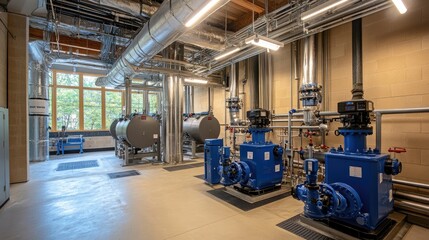 Poster - The interior of a large industrial boiler room with stainless steel pipes, valves, and blue pumps, representing a water treatment facility.