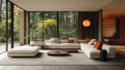 Wall Mural - Modern minimalist living room with large windows overlooking a lush garden.