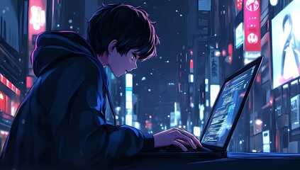 Coder Types Code Night Cityscape, Programming Laptop Screen, Digital Art, Anime Style, Futuristic City 