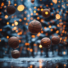 Aufkleber - Christmas background, basketballs floating in the air, classy, evening, subtle Christmas lights on the floor and background.