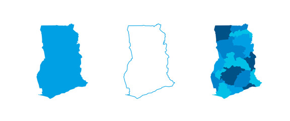 Ghana set of three maps - solid map, outline map and map highlighting administrative divisions. Three distinct maps illustrate various representations of a geographical area.