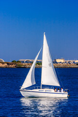 Wall Mural - A white sailboat is sailing on a blue ocean