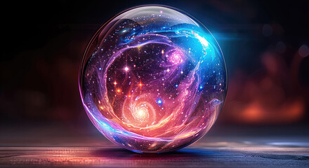 Poster - A transparent glass ball holding a glowing galaxy, vibrant nebulae in purples and blues, and sparkling stars, faint cosmic swirls, clean black gradient background.