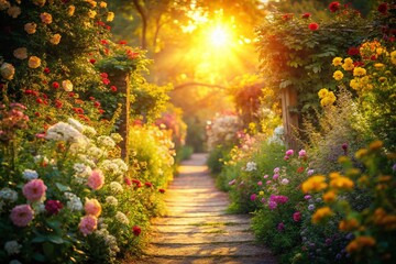 Wall Mural - Serene Garden Path: Golden Sunlight, Blossoming Flowers, Double Exposure Stock Photo