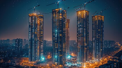 Leinwandbilder - A modern construction site with four tall residential high-rise buildings under construction. The background features a smooth night time sky, Four towering construction cranes dominate the buildings.