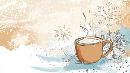Poster - Warm hot chocolate steaming in a cozy winter doodle with snowflakes and soft colors enhancing the seasonal vibe. Generative AI