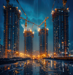 Leinwandbilder - A modern construction site with four tall residential high-rise buildings under construction. The background features a smooth night time sky, Four towering construction cranes dominate the buildings.