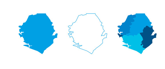 Sierra Leone set of three maps - solid map, outline map and map highlighting administrative divisions. Three distinct maps illustrate various representations of a geographical area.