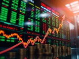 graph depicting sharp increase in stock prices with green arrows and financial charts showing stock price rise during economic boom, investment, finance