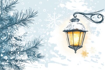 Poster - Glowing street lantern among winter snowflakes and icy branches in a serene winter landscape. Generative AI