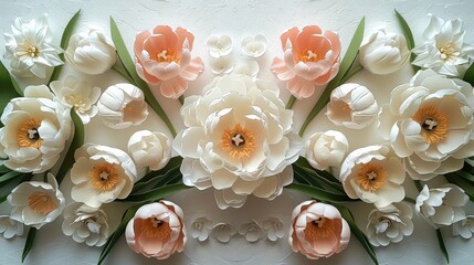 Poster - A White, pale yellow blossom tulips flowers arrangement with peonies and tulips on a smooth white background.
