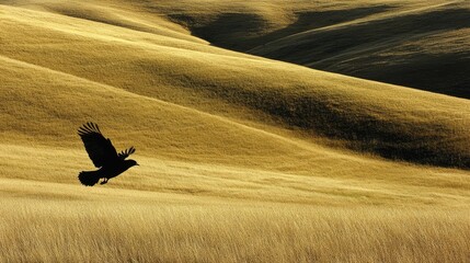 Poster - A silhouette of a bird flying over golden rolling hills at sunset.