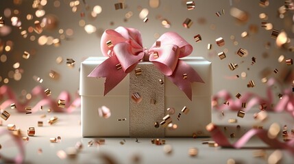 Poster - A special gift box with a metallic ribbon, surrounded by subtle gold accents. Set against a smooth gradient backdrop of light beige and cream. Modern and luxurious, with clean lines.