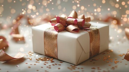 Poster - A special gift box with a metallic ribbon, surrounded by subtle gold accents. Set against a smooth gradient backdrop of light beige and cream. Modern and luxurious, with clean lines.