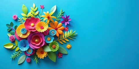 Wall Mural - Paper cut flowers on blue background, vibrant colors, space, bouquet ,  space, bouquet ,flowers, design, art, decoration, leaves