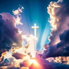 Poster - A beautiful sunrise breaks through clouds, shining rays of light around a white cross. The sky is painted in colors of dawn, creating a serene and uplifting atmosphere. Generative AI