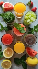 Poster - A colorful assortment of metabolism-boosting drinks, green tea with mint, lemon honey water, watermelon mint smoothie, and pineapple coconut cocktail. Fresh fruits frame the drinks. top view.