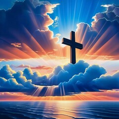 Poster - A beautiful sunrise breaks through clouds, shining rays of light around a black cross. The sky is painted in colors of dawn, creating a serene and uplifting atmosphere. Generative AI