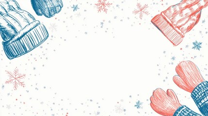 Poster - Winter themed doodle featuring mittens and snowflakes on a snowy background. Generative AI