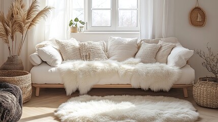 Wall Mural - Cozy living room with white couch, sheepskin throws, and natural decor.