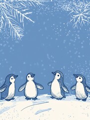 Aufkleber - Doodle featuring playful penguins enjoying winter snowfall in a snowy landscape with frosty trees. Generative AI