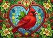 © Oliver - Red Cardinal Heart , Christmas Bird Stained Glass, Floral Design, Rule of Thirds
