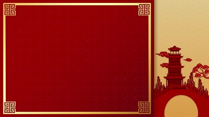 Wall Mural - chinese new year background with ancient pagoda decoration at border and red copy space frame with o