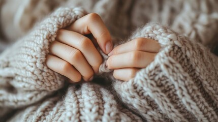 Hands Gently Holding a Soft Knitted Sweater