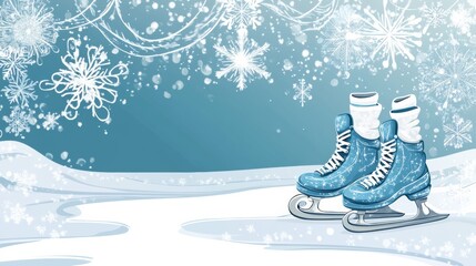 Poster - Winter themed doodle featuring ice skates on a snowy background with snowflakes and a blue sky. Generative AI