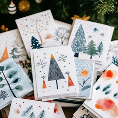 Aufkleber - Beautifully designed Christmas cards featuring festive themes and vibrant colors on display with a holiday backdrop. Generative AI