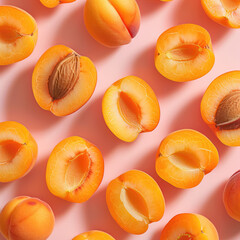 Poster - Flat lay of juicy apricot slices on a peach background, natural light. top view.