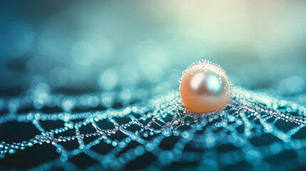 Pearl resting delicately on intricate web covered in glistening water droplets