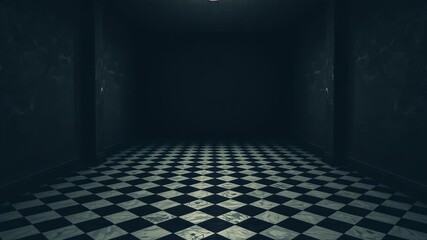 grunge room with black and white checker floor, empty space, room, flooring