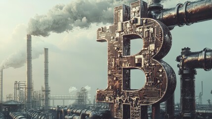 3D-rendered Bitcoin symbol made of industrial components amidst a polluted factory scene with billowing smoke, symbolizing the environmental effects of cryptocurrency mining. AI generated.