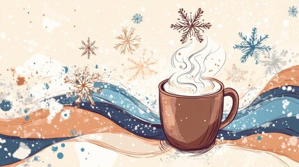 Poster - Cozy winter themed doodle featuring a steaming mug of hot chocolate surrounded by snowflakes and a warm color palette. Generative AI