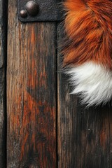 Wall Mural - A close-up of a furry orange and white tail against a rustic wooden background.