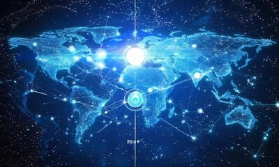 Poster - A digital representation of the world map with glowing connections and nodes, symbolizing global communication and technology.