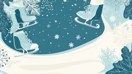 Poster - Beautiful winter themed doodle featuring ice skates gliding across a snowy surface with falling snowflakes. Generative AI
