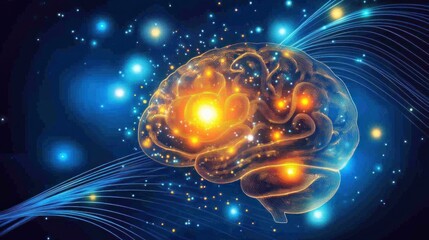 Poster - Illuminated brain with glowing neural pathways.